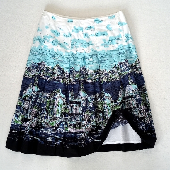 Talbots Women’s Blue White & Green Italian Seascape Motif Midi Pleated Skirt 4/P - Picture 5 of 13